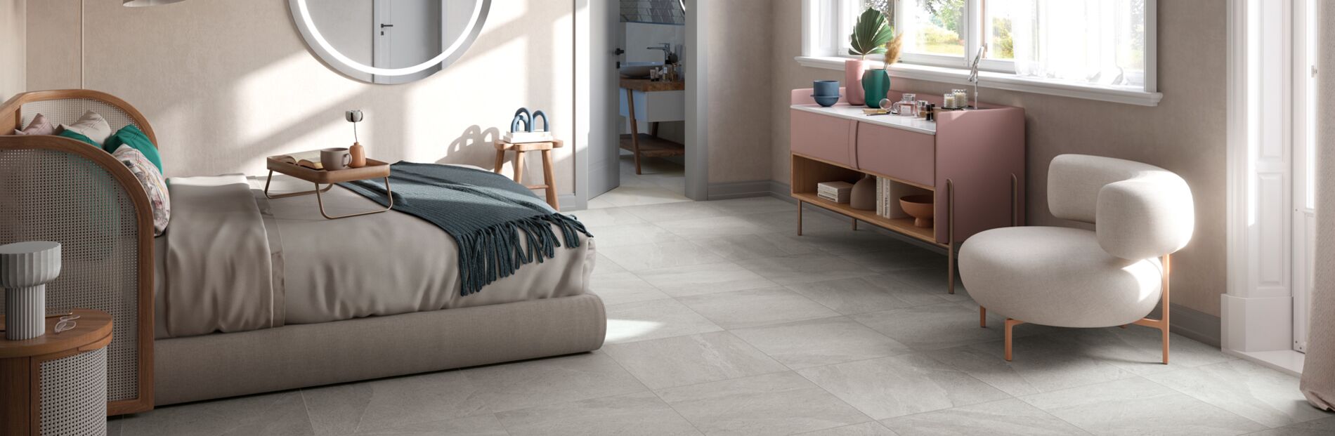Schlichtes Schlafzimmer mit Fliesen